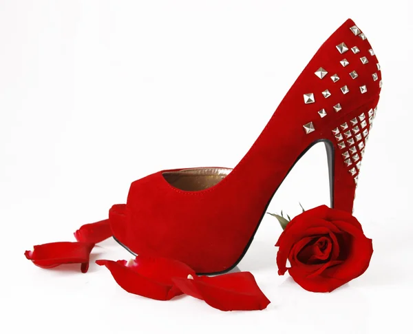 Rode schoen, rose en bloemblaadjes — Stockfoto