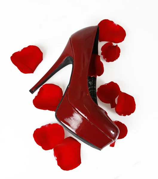 Red shoe and rose petals — Stock Photo, Image