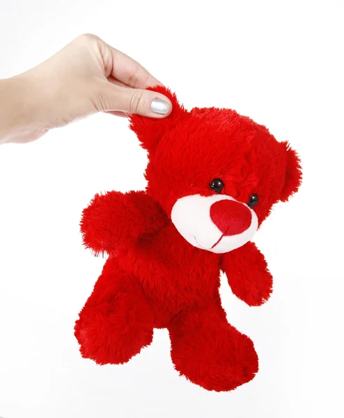 Female hand holding a red teddy bear — Stock Photo, Image