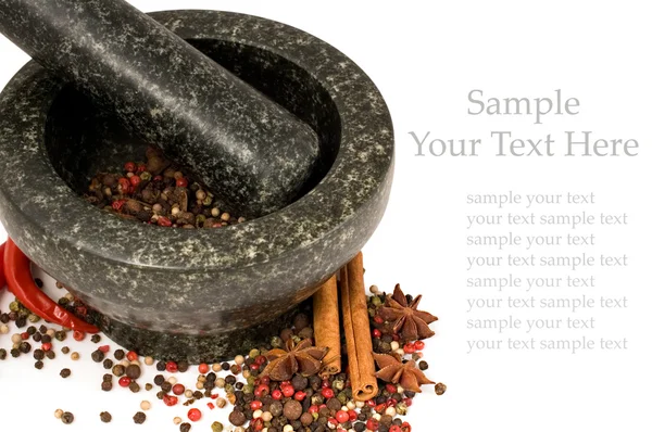Stone mortar and spices — Stock Photo, Image