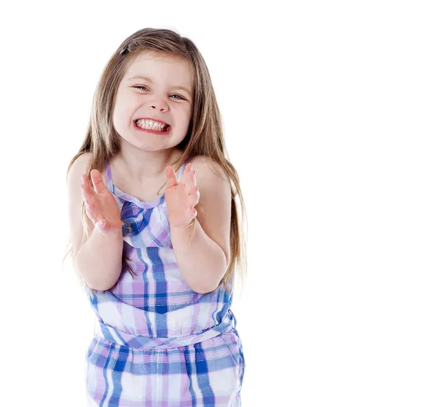 Young girl clapping hands on white — Stock Photo, Image
