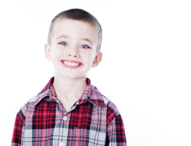 Young boy in plaid shirt isolated on white clipart