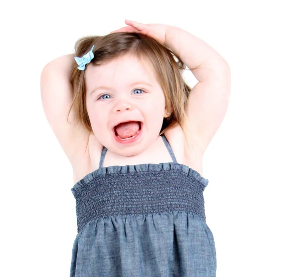 Schattig peuter meisje schreeuwen "hooray!" — Stockfoto