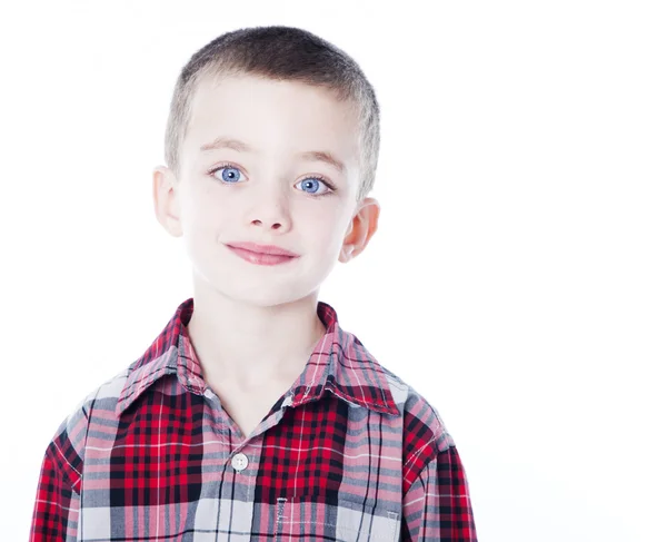 격자 무늬 셔츠 화이트에 고립 된 어린 소년 — 스톡 사진