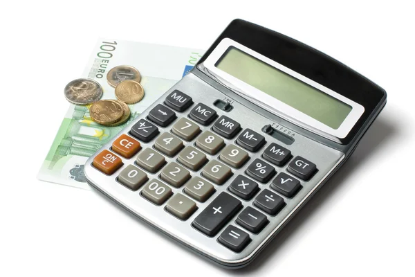 Calculadora, moedas e uma nota de cem euros — Fotografia de Stock