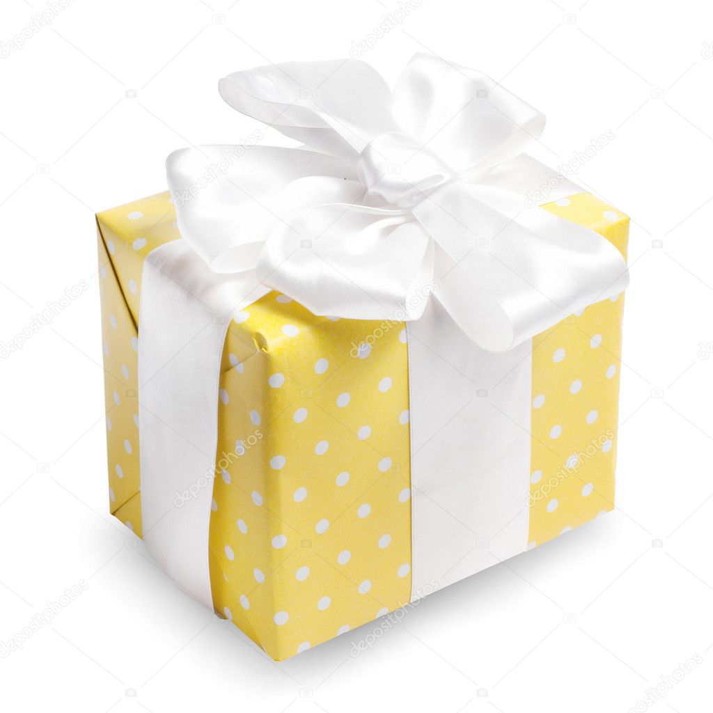 Gift wrapped in a yellow polka-dot paper