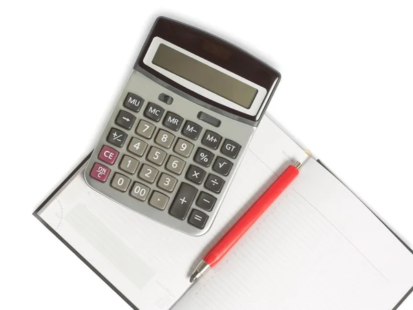 Rood potlood, open dagboek en rekenmachine geïsoleerd op wit — Stockfoto