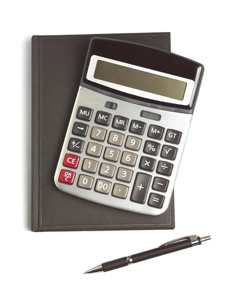 Calculadora, caneta e diário — Fotografia de Stock