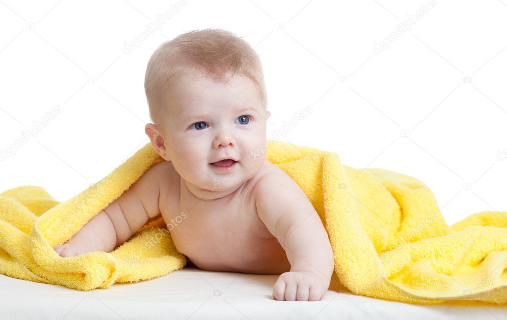 Cute baby boy in yellow towel on white — Stock Photo © oksun70 #8912485