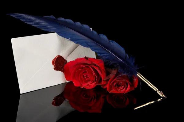 Blue feather and red roses — Stock Photo, Image