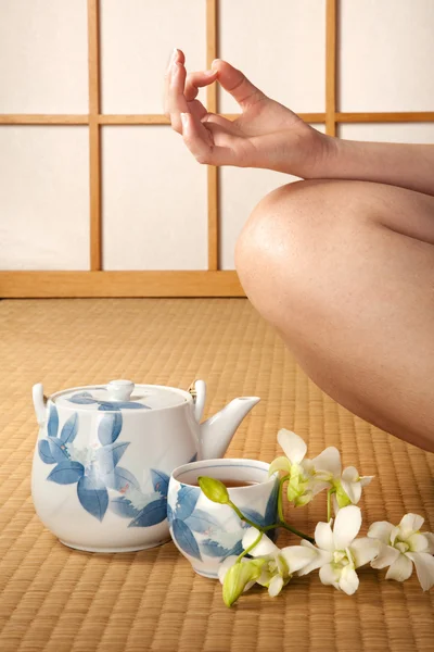 Green tea and meditation — Stock Photo, Image