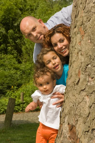 幸福的家庭，在一棵树后面 — 图库照片