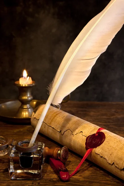 Wax seal and quill pen — Stok fotoğraf