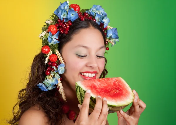 Zomer meisje met watermeloen — Stockfoto