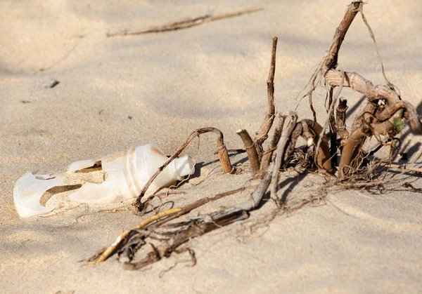 Garrafa plástica em uma praia — Fotografia de Stock