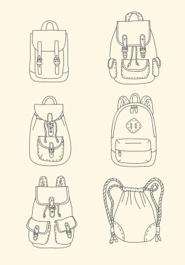 Set of retro backpacks in cartoon style