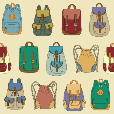 Seamless pattern with various backpacks