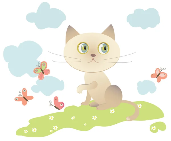 Little cat playing with butterflies — Stock Vector