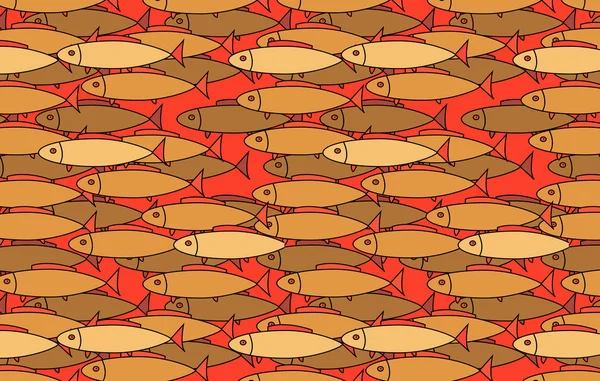 Ornamento sem costura com motivo de peixe em cores amarelas e vermelhas — Vetor de Stock