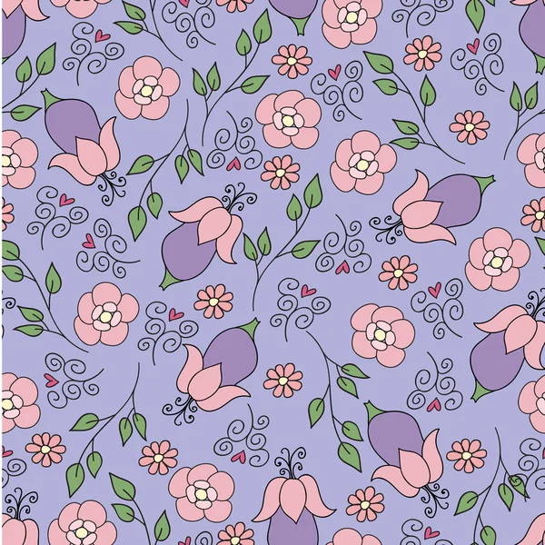 Vector seamless blue pattern with pink flowers — Stock Vector