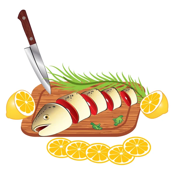 Vaření a řezání čerstvých ryb — Stockový vektor