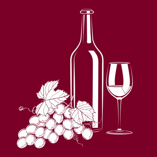 Bodegón vintage con vino y uvas — Vector de stock