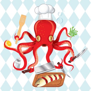 Octopus cooking sushi and fish clipart