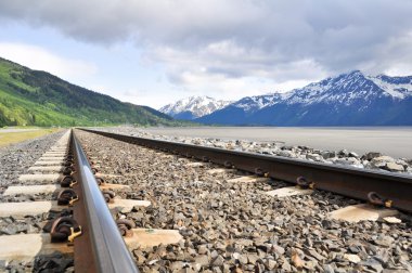 Railroad tracks running through Alaskan landscape clipart