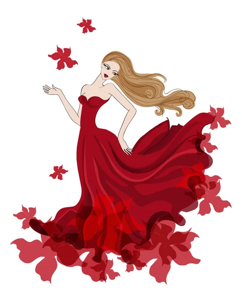 Gyönyörű lány piros ruhában. — Stock Vector