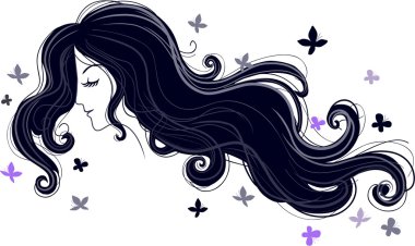 kadın siyah saçlı ve kelebekler, vektör çizimi