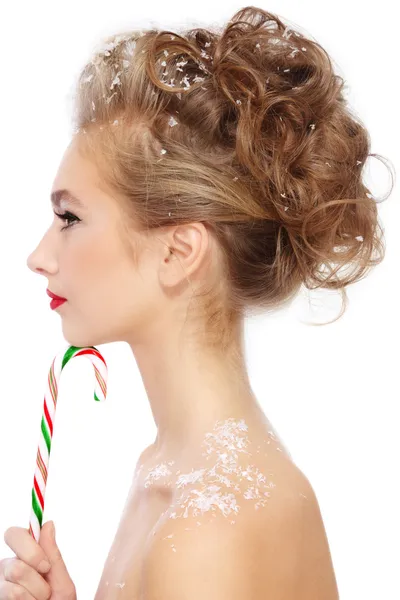 Girl with candy cane — Stock Photo, Image