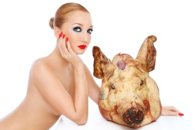 Young beautiful sexy woman with dead pigs head clipart