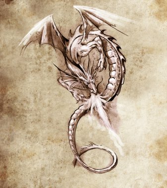 Fantasy dragon. Sketch of tattoo art, medieval monster clipart