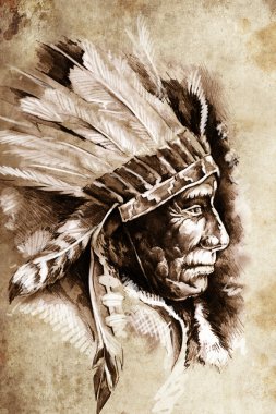 Indian Head Chief Illustration. Sketch of tattoo art, over vinta clipart