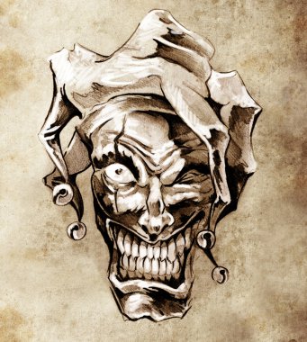 Fantasy clown joker. Sketch of tattoo art over dirty background clipart