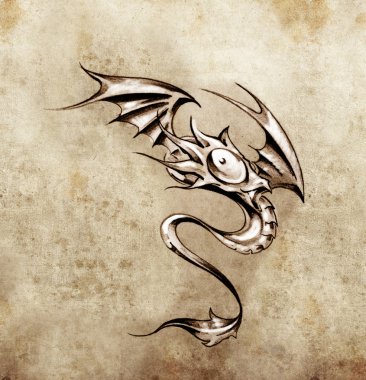 Funny little dragon. Sketch of tattoo art, stylish fantasy monst clipart