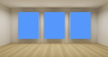 Business room, 3d art with empty space, three blue chroma key frames clipart