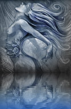 Nude mermaid illustration in blue colors with shine effects over clipart