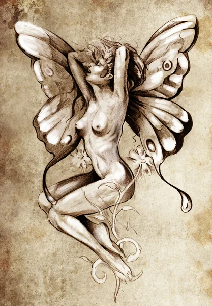 Hada desnuda. Bosquejo de fantasía del arte del tatuaje, figura de mujer desnuda —  Fotos de Stock