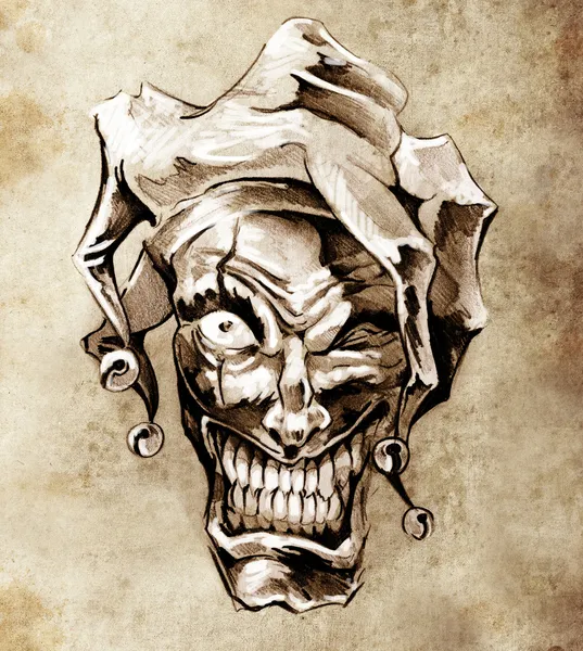 Фантастичний клоун джокер. Ескіз татуювання мистецтва на брудному фоні — стокове фото