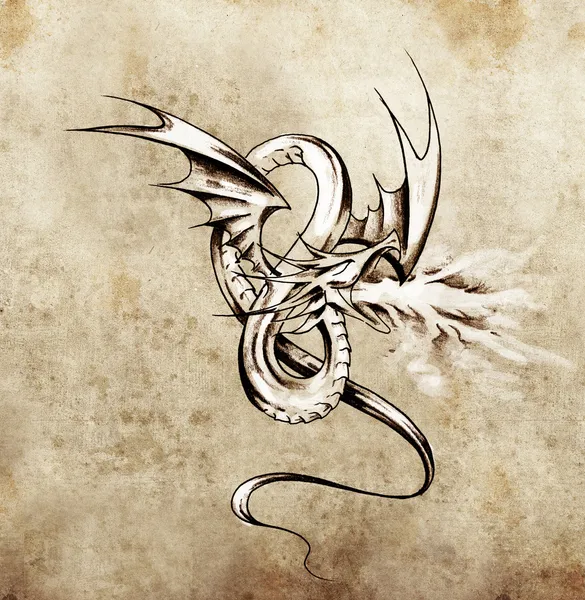 Figura dragón medieval. Bosquejo de arte del tatuaje sobre papel antiguo —  Fotos de Stock