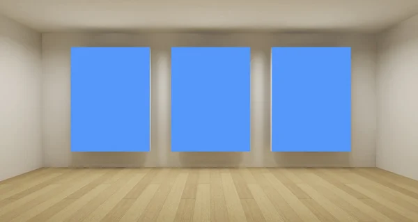 Бизнес-зал, 3D-арт с пустым пространством, три синих хромированных ключа. — стоковое фото