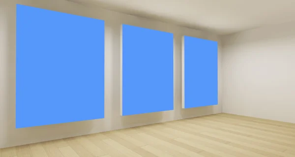 Sala de negocios limpia, espacio vacío en 3D con tres marcos azules de croma clave —  Fotos de Stock