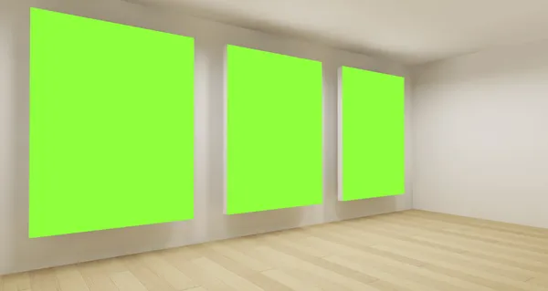 School kamer schoon, lege 3D-ruimte met drie groene chroma key fr — Stockfoto