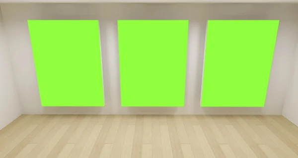 School kamer schoon, lege 3D-ruimte met drie groene chroma sleutelframes — Stockfoto