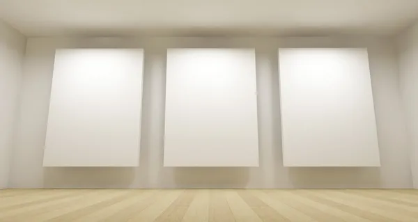Sala de escuela limpia, espacio vacío en 3D con tres marcos blancos —  Fotos de Stock