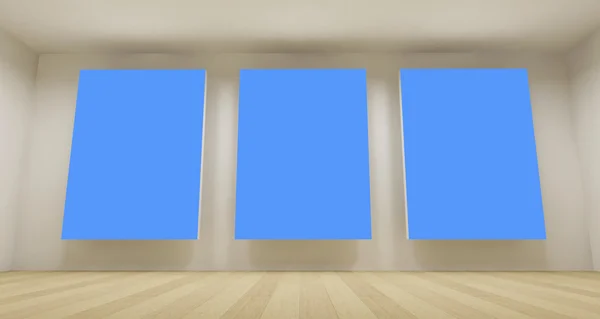 Sala de escuela limpia con tres telón de fondo de croma azul, concepto de arte 3d, espacio limpio —  Fotos de Stock