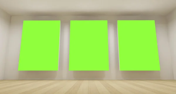 Sala de escola limpa com três fundo chave croma verde, conceito de arte 3d, espaço limpo — Fotografia de Stock