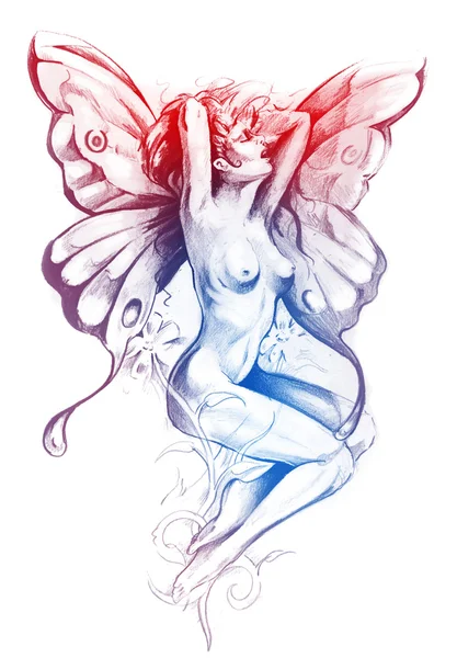 Nahé víla. fantazie skica o tetování, nahou ženskou postavu — Stock fotografie