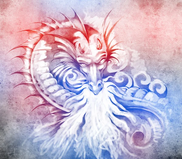 Bosquejo de arte del tatuaje, fantasía medieval dragón con fuego blanco — Foto de Stock